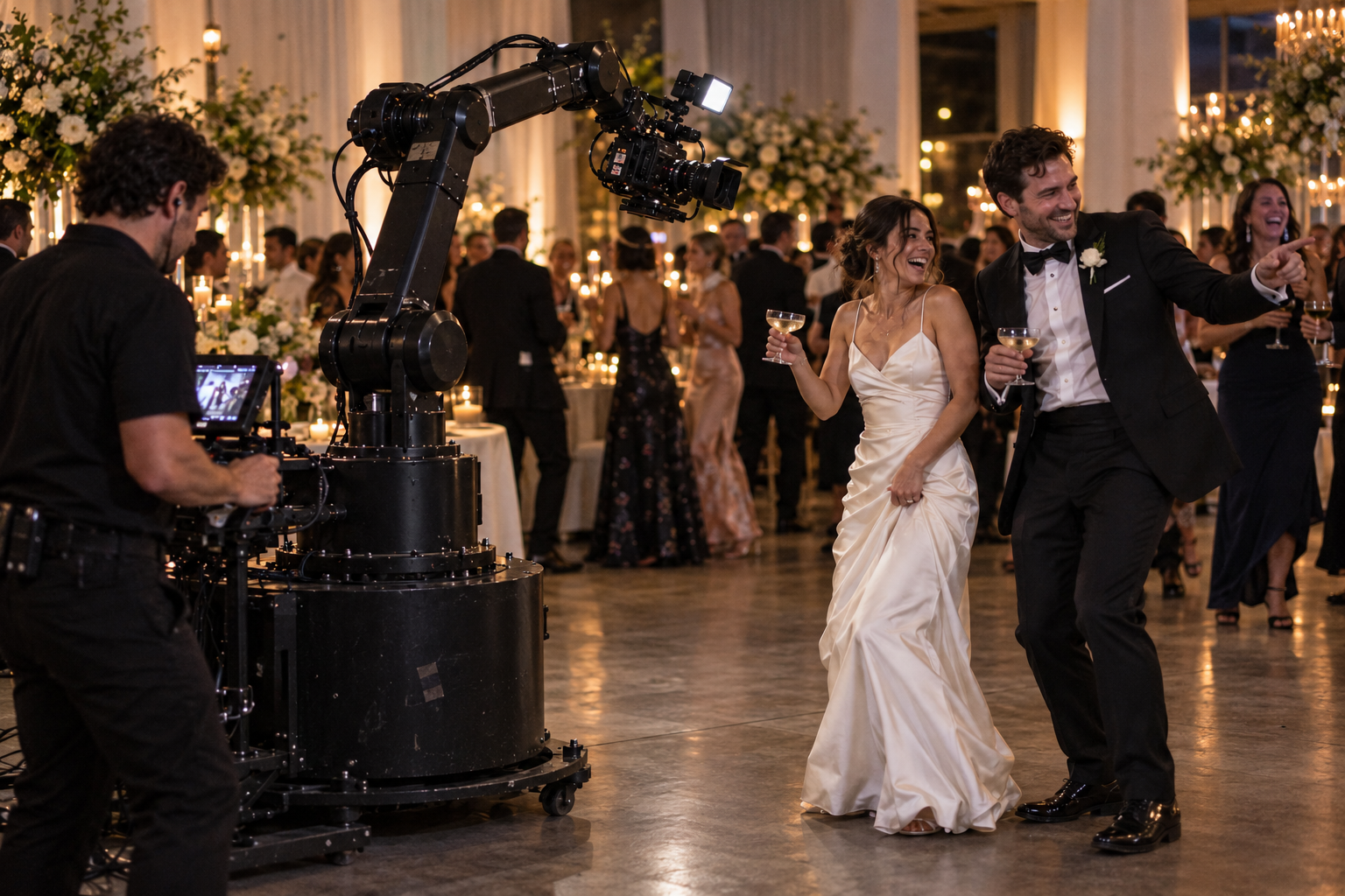 Concept showing a robotic camera filming a couple at a wedding reception