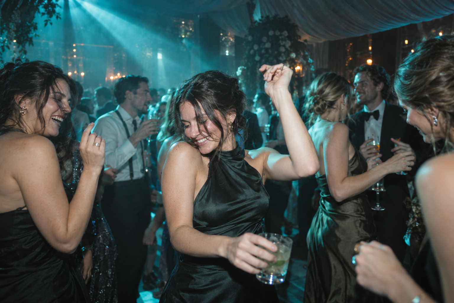Guests dancing beneath teal lighting