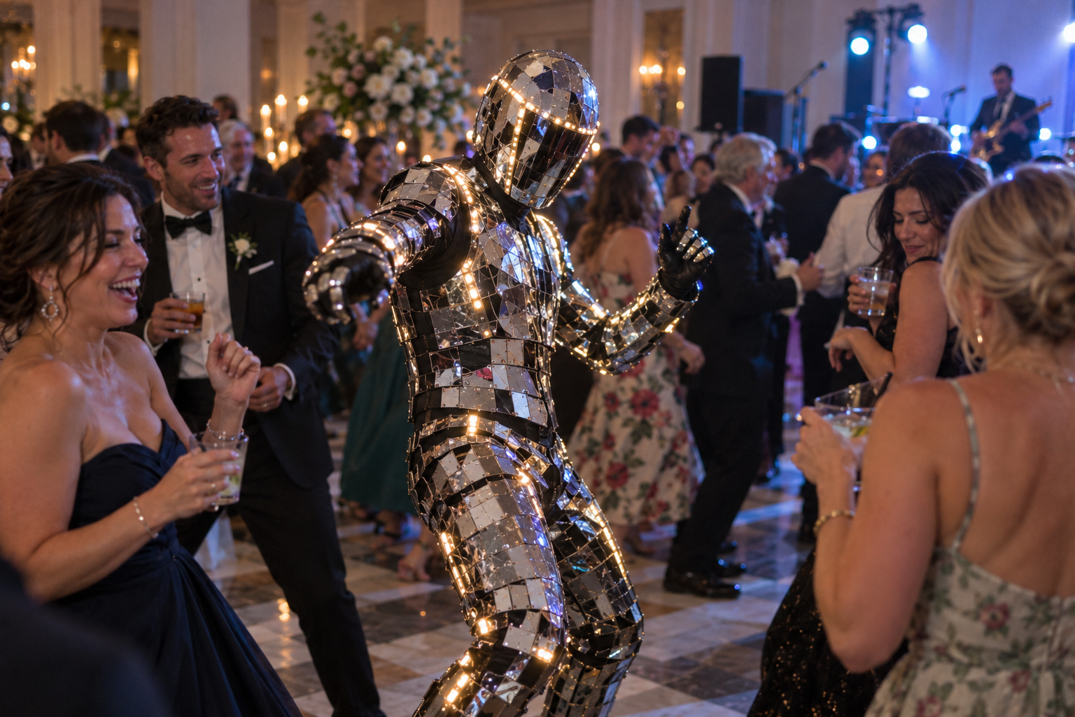 Concept showing a mirrored LED performer joining an elegant wedding afterparty