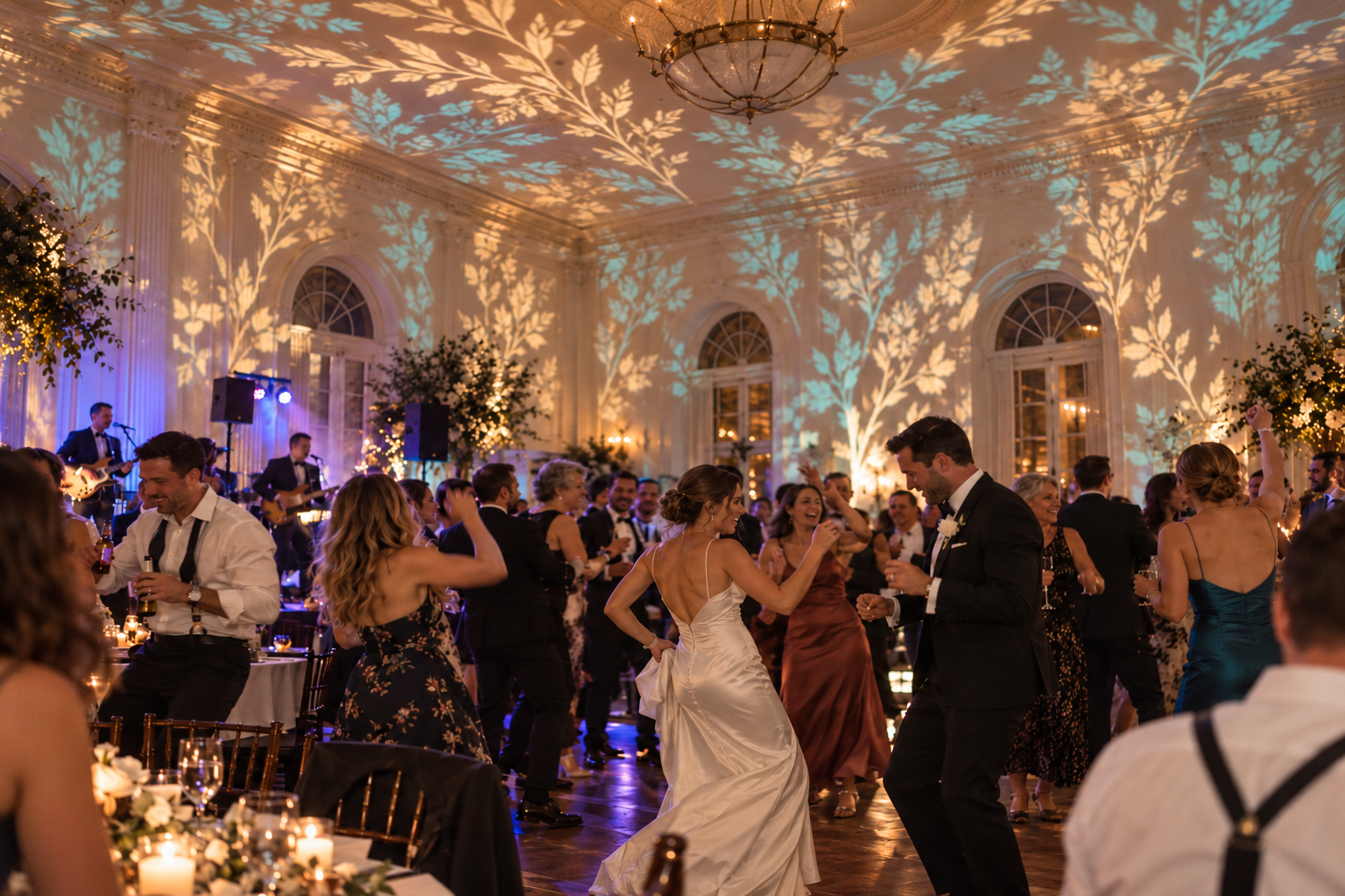 Concept showing champagne-colored projection mapping transforming a reception room