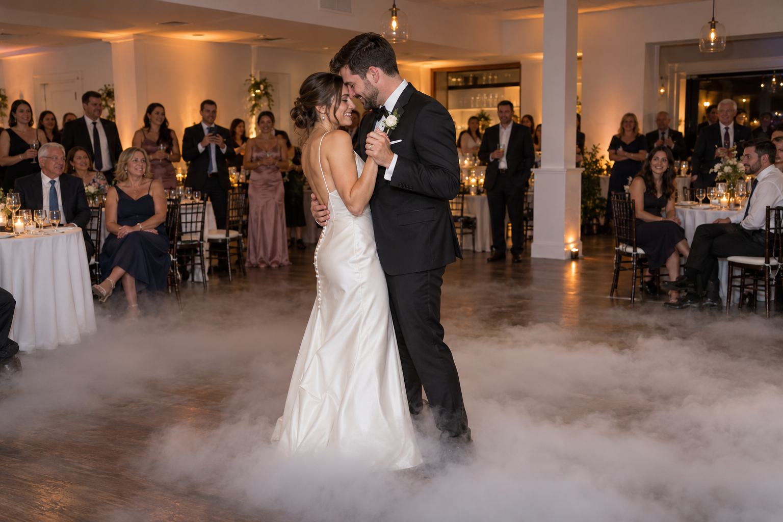 A romantic first dance above a cloud of low-lying fog